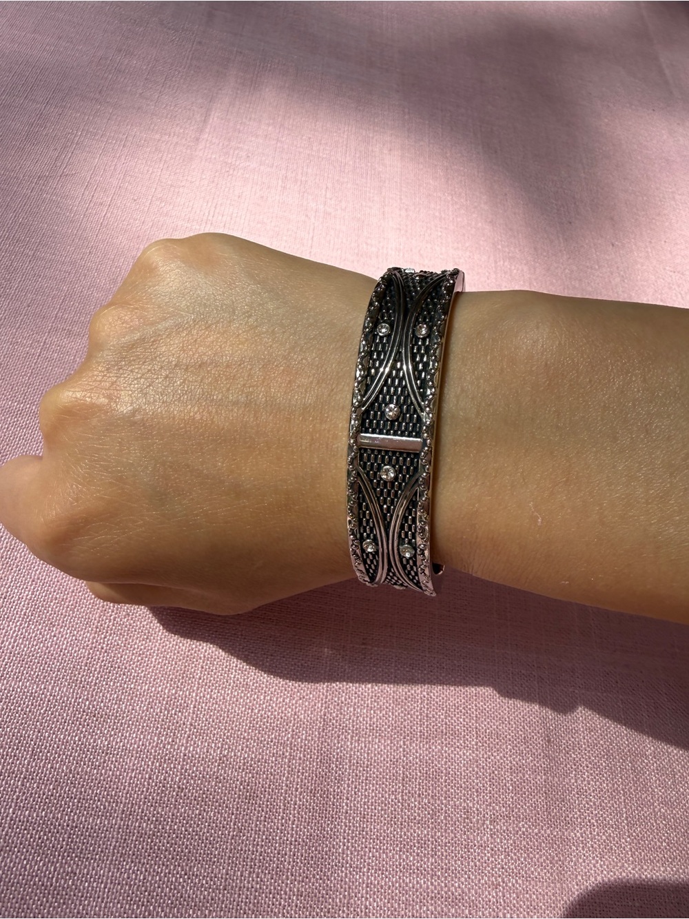 Vintage Art Deco Gunmetal Crystal Hinged Cuff Bracelet Statement